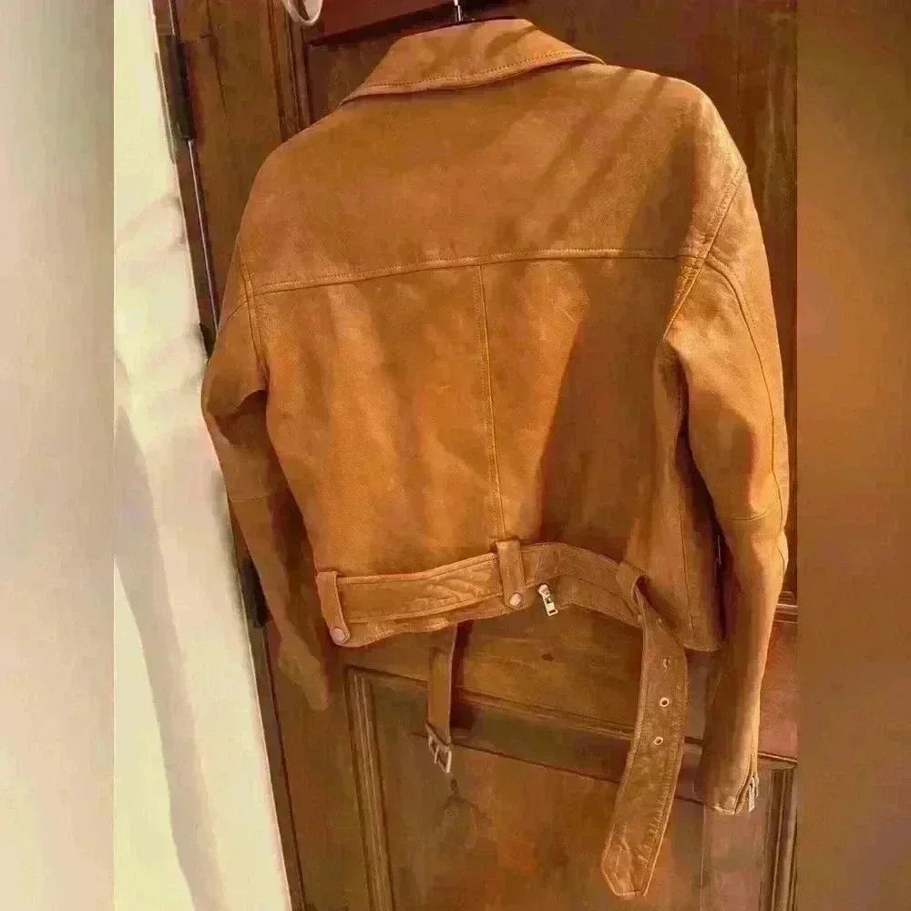 Gap Tan leather moto cropped jacket XS - Picture 2 of 5